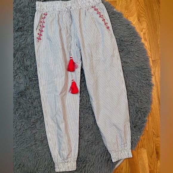 Anthropologie Hemant & Nandita Embroidered Striped Pants Red Tassels Size L - Picture 1 of 6